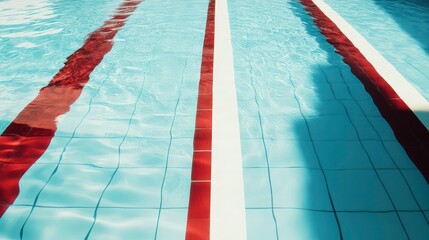 Close-up view of a blue swimming pool with red and white lane lines.