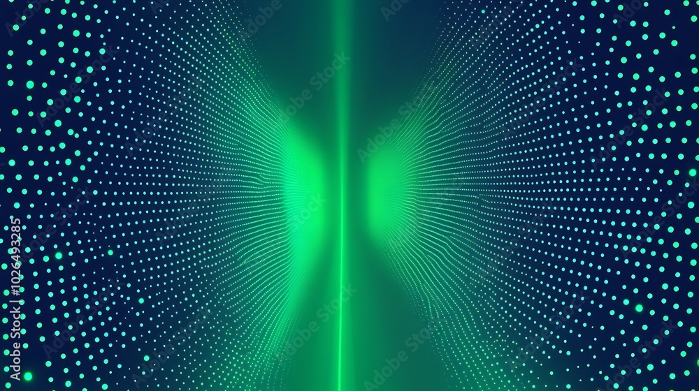 Poster abstract background with green light beam and dotted lines on dark blue background.