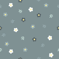 Hand drawn seamless pattern with flowers in gray swamp shades. Lovely romantic Ditsy Fashion Print for background, holiday design, wallpaper, fabric