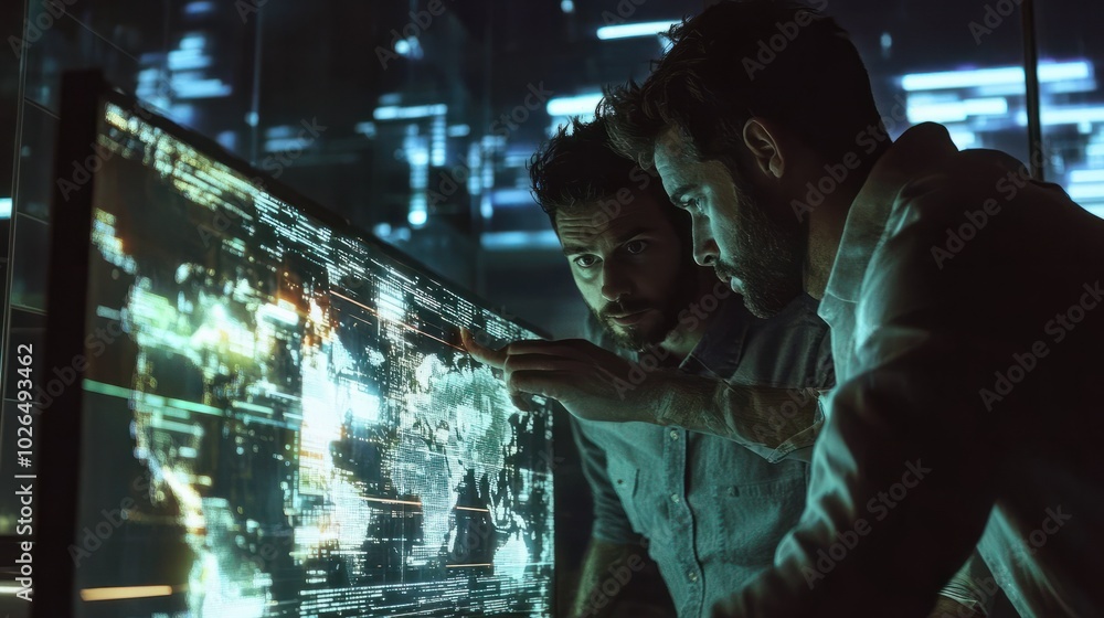 Poster two men are looking at a computer screen with a lot of numbers and lines