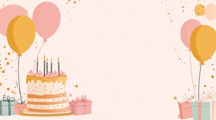 A festive birthday scene featuring a cake, balloons, and presents.