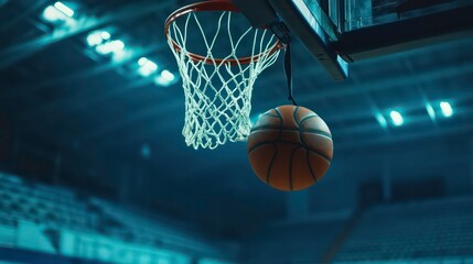 A basketball hangs in the net of a hoop after a successful shot in an indoor basketball arena.