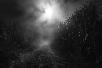 Mysterious Path Through Foggy Cornfield
