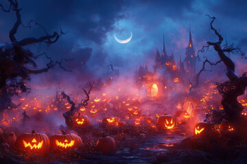 Spooky Halloween Night with Pumpkins and Haunted Castle