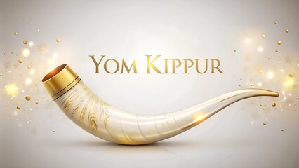 Yom Kippur greeting with a shofar horn and golden accents on a soft gray background for festive spirituality