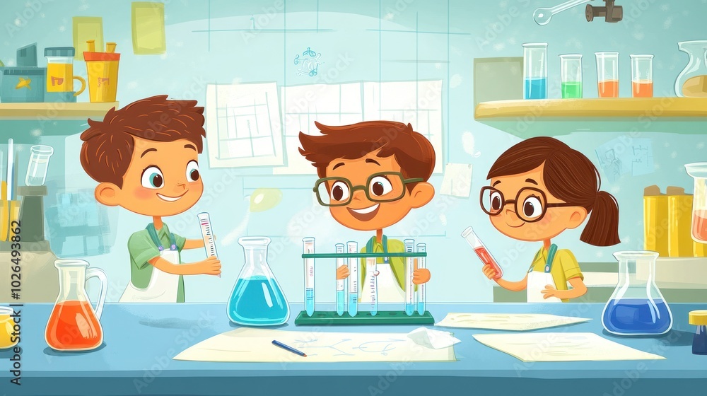 Poster children experimenting in a colorful science lab with test tubes and beakers.