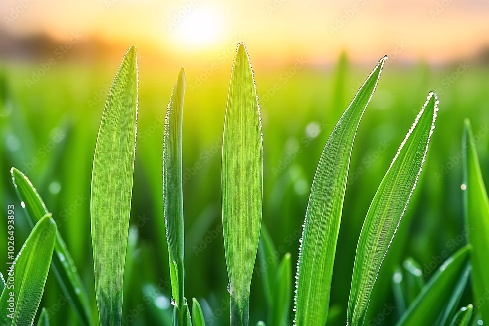 Wall mural a field of green grass with the sun shining on it