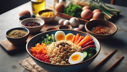 Spicy Asian Noodles with Fresh Herbs and Colorful Ingredient