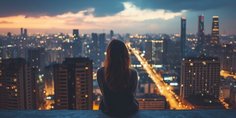 A woman is sitting on a ledge in a city at night. The city is lit up with lights, creating a beautiful and serene atmosphere. The woman is lost in thought, taking in the view of the city below her