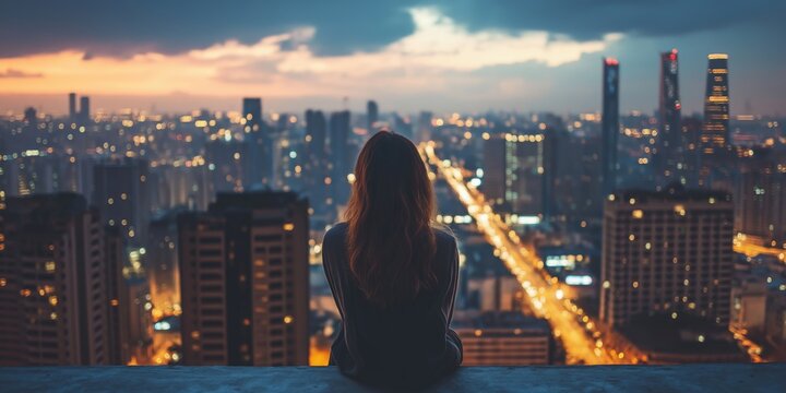 A woman is sitting on a ledge in a city at night. The city is lit up with lights, creating a beautiful and serene atmosphere. The woman is lost in thought, taking in the view of the city below her