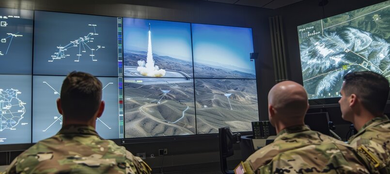 Military Command Center Monitoring Strategic Missile Launch with Satellite Imagery