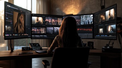 Woman Editing Video Content on Multiple Monitors