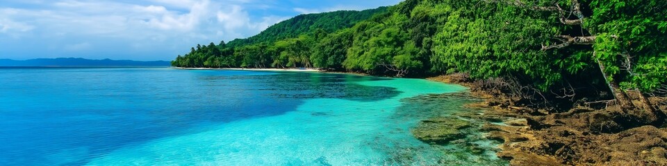 A beautiful blue ocean with a green shoreline. The water is calm and the sky is clear
