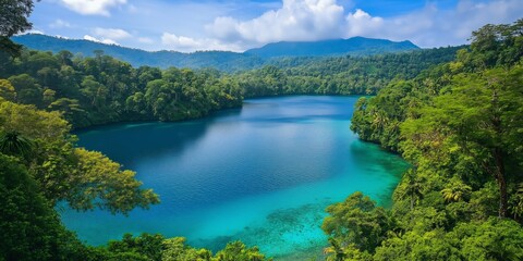 Fototapeta premium A beautiful lake surrounded by trees and mountains. The water is blue and calm. The scene is peaceful and serene