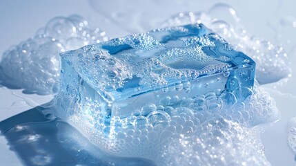 Obraz premium Sparkling Blue Soap Bar with Bubbles on White Background for Skincare and Hygiene Concepts