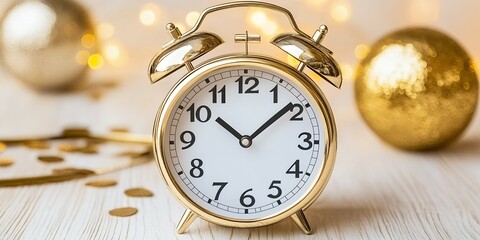 Gold alarm clock on a table with festive decor