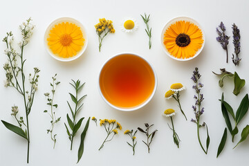 Background Natural decoction of calendula, St. John's wort and chamomile surrounded by flowers
