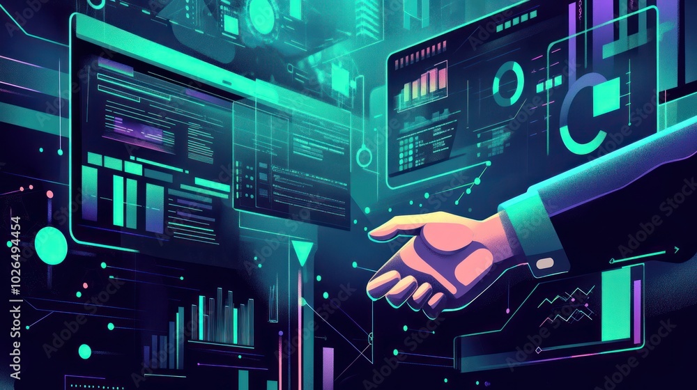 Poster a digital interface with data visualizations and a hand reaching out, symbolizing connectivity.
