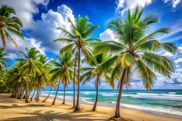 A beautiful beach scene with palm trees and a clear blue sky