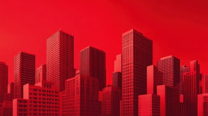 Fototapeta premium A cityscape featuring red buildings against a red sky, creating a dramatic and monochromatic scene.