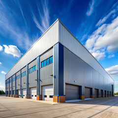 Modern industrial warehouse exterior with large solar panels and blue sky