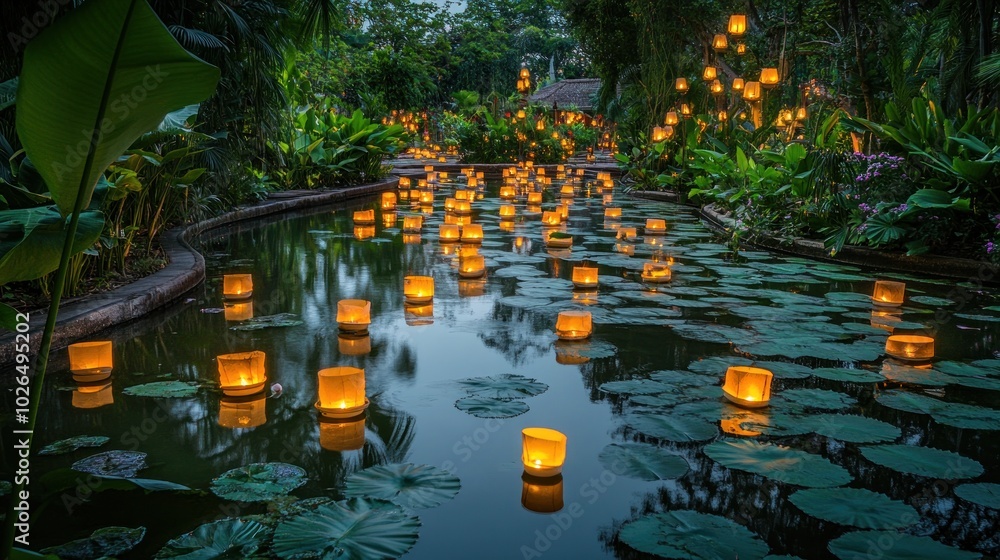 Poster A serene pond illuminated by floating lanterns amidst lush greenery.