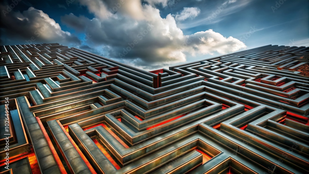 Poster abstract red and black maze pattern - complexity and challenge for conceptual designs