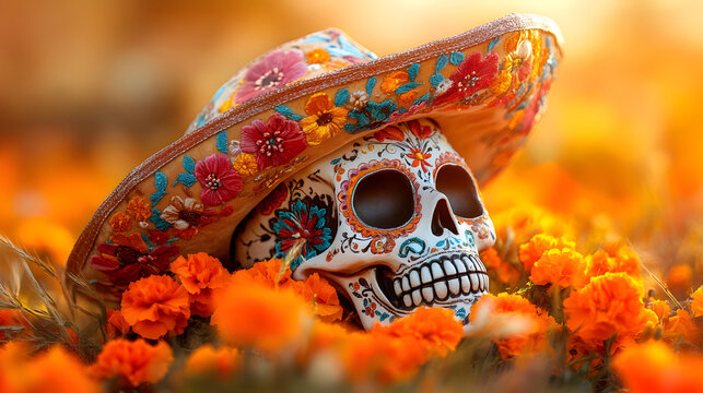 Mexican skeleton with sugar skull makeup and sombrero hat in marigold flowers field. Traditional calaca heads for Day of dead celebration. Dia de los muertos traditional carnival style. S