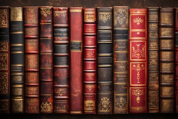 A row of old leather bound books with gold embossing