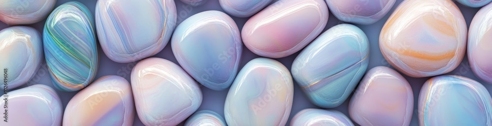 Poster A collection of smooth, iridescent pebbles in pastel colors arranged on a soft background.