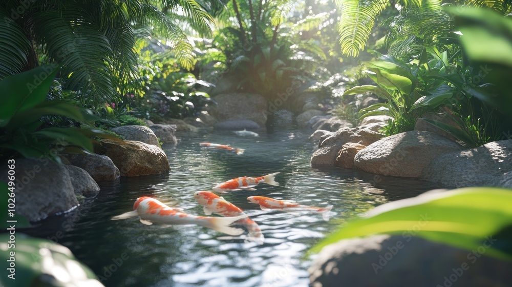 Poster A serene pond with koi fish surrounded by lush greenery and rocks.