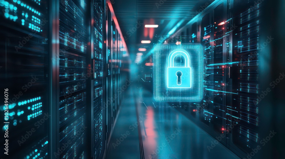 Poster a glowing padlock icon hovers in front of rows of servers in a data center, symbolizing cybersecurit