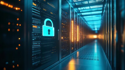A server room with a glowing padlock icon on a server rack, signifying data security and cybersecurity.