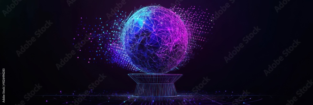 Poster a digital sphere composed of interconnected nodes and lines, symbolizing technology and data.