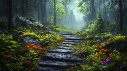 Obraz premium Stone Steps Through a Misty Forest Path