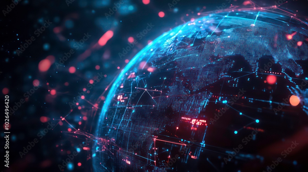 Aufkleber a glowing blue and red digital representation of earth with a futuristic digital network connecting 
