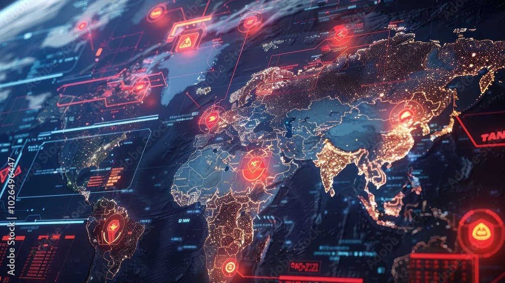 Poster global missile threat detection in high-tech command center for strategic defense analysis