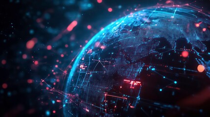 A glowing blue and red digital representation of Earth with a futuristic digital network connecting different points on the globe.