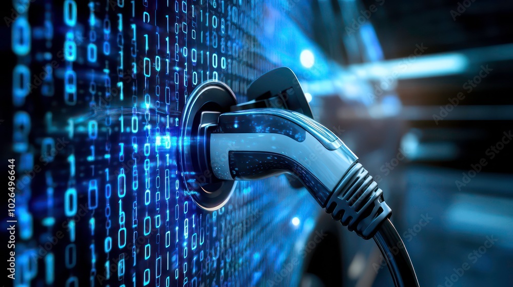 Poster an electric car charging station with a blue glowing cable plugged into a socket. the background is 