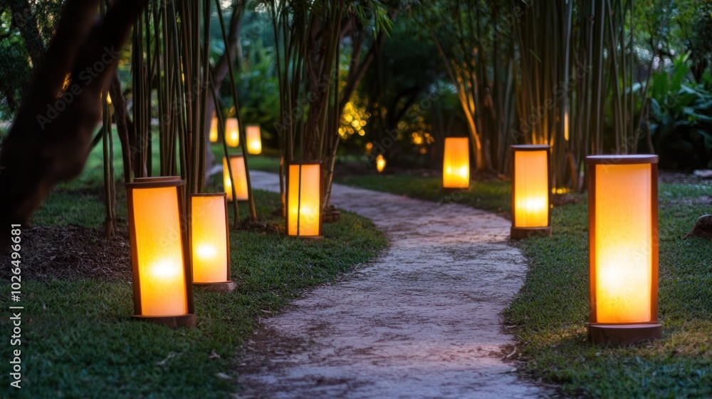 Wall mural A serene pathway illuminated by glowing lanterns amidst lush greenery.