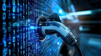 An electric car charging station with a blue glowing cable plugged into a socket. The background is a binary code pattern.