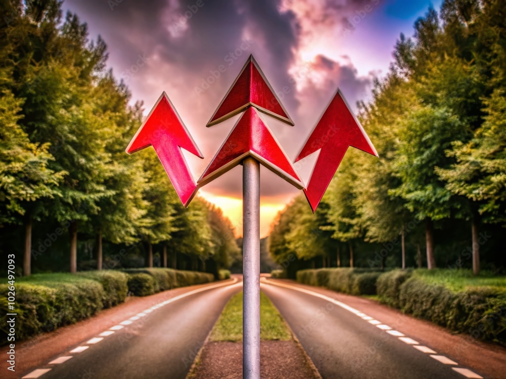 Aufkleber abstract three-way direction red arrow icon for road navigation and signage