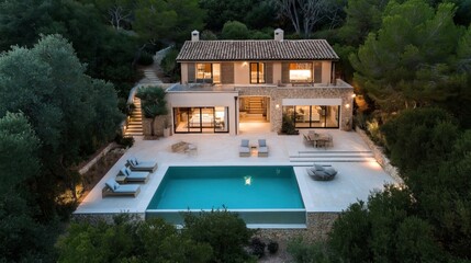Modern luxury villa with outdoor swimming pool, surrounded by lush greenery. Features spacious patio, large windows, and elegant architectural design.