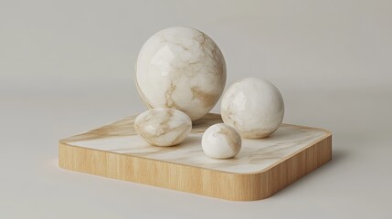 Four white marble spheres of different sizes, sitting on a marble tile on a wooden platform.