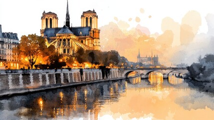 Watercolor Scene of Notre Dame at Sunset