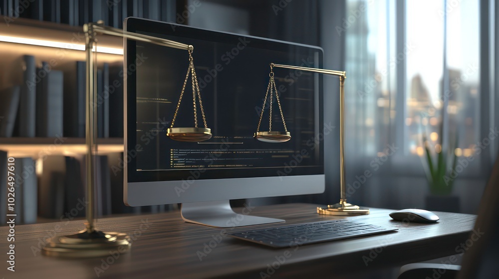 Aufkleber a computer screen with a digital representation of scales of justice, symbolizing the intersection o