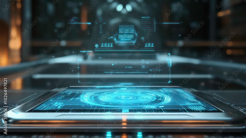 Poster a futuristic tablet computer with a glowing blue interface, displaying digital data and information.