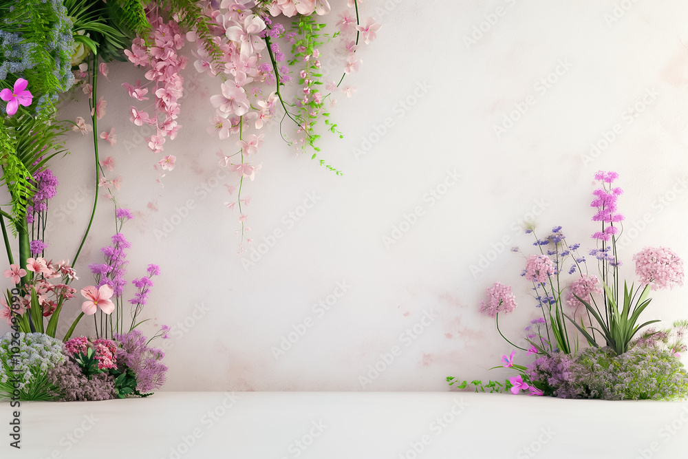 Poster vibrant flowers in various colors intertwine with lush greenery, creating a tranquil and refreshing 