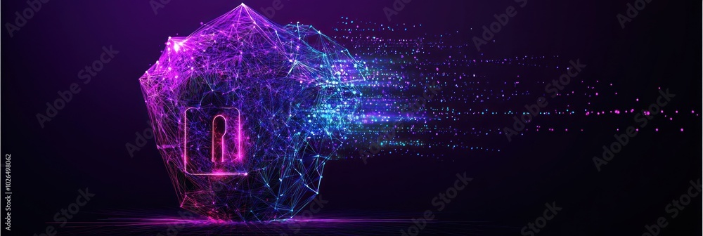 Poster abstract digital lock symbolizing cybersecurity and data protection.