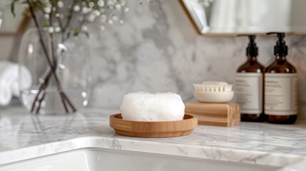 Luxurious Antibacterial Soap Lather on Wooden Dish for Elegant Bathroom Decor and Hygiene